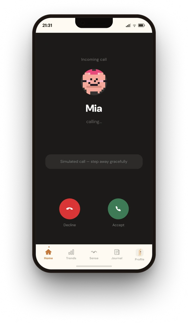 Simulated incoming call screen