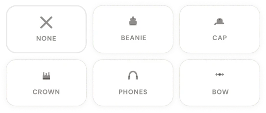 Accessories: none, beanie, cap, crown, phones, bow