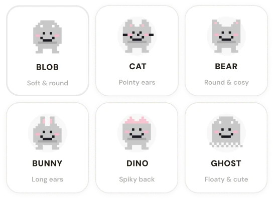 Mascot shapes: blob, cat, bear, bunny, dino, ghost