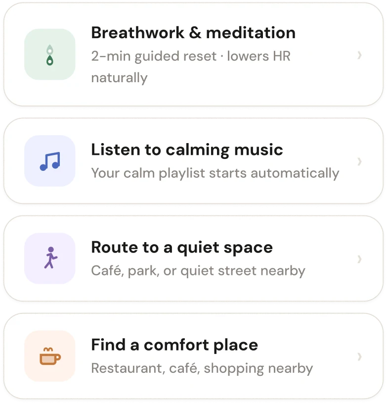 Survival pack options: breathwork, calming music, quiet space, comfort place